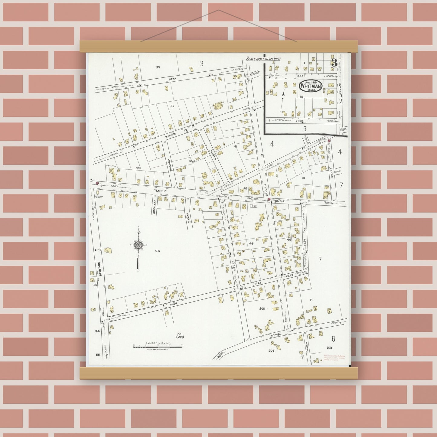 Old map wall art mockup — magnetic wood frame on brick wall — Sanborn Fire Insurance Map from Whitman, Plymouth County, Massachusetts (1919), Sheet #0003