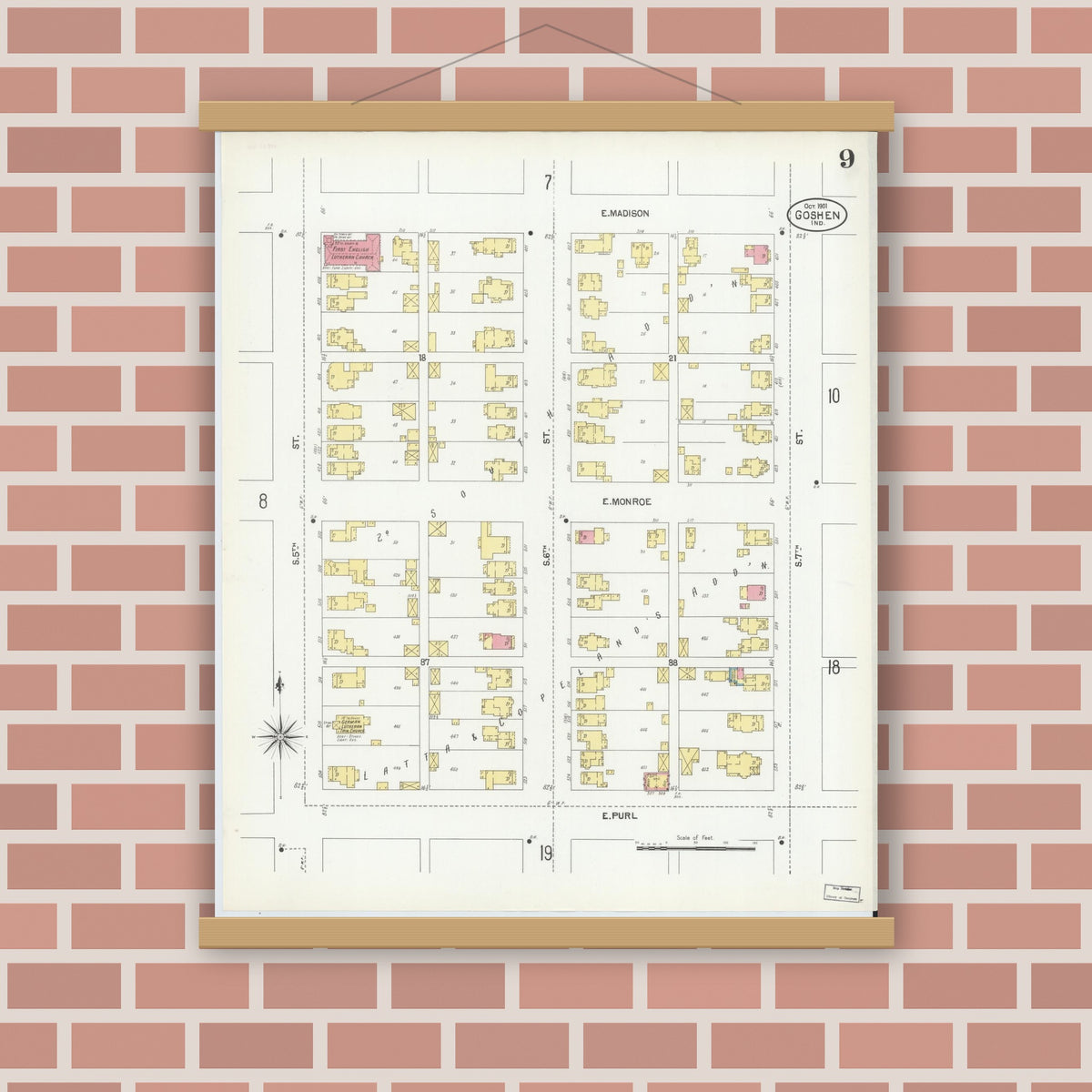 Old map wall art mockup — magnetic wood frame on brick wall — Sanborn Fire Insurance Map from Goshen, Elkhart County, Indiana (1901), Sheet #0009