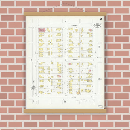 Old map wall art mockup — magnetic wood frame on brick wall — Sanborn Fire Insurance Map from Goshen, Elkhart County, Indiana (1901), Sheet #0009