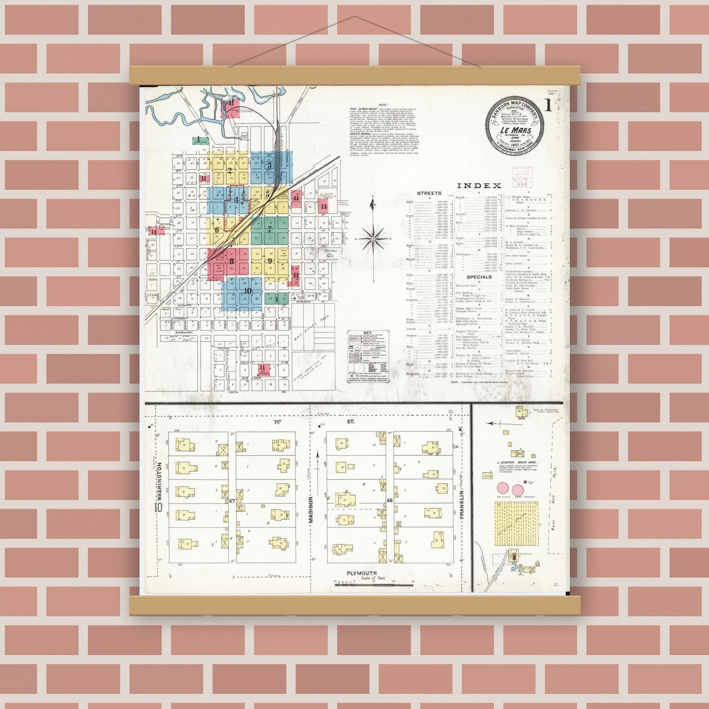 Old map wall art mockup — magnetic wood frame on brick wall — Sanborn Fire Insurance Map from Le Mars, Plymouth County, Iowa (1907) â€” Complete Set
