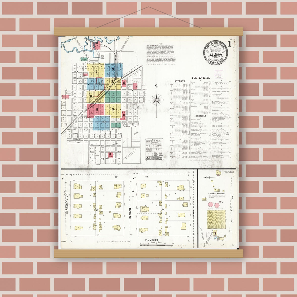 Old map wall art mockup — magnetic wood frame on brick wall — Sanborn Fire Insurance Map from Le Mars, Plymouth County, Iowa (1907) â€” Complete Set