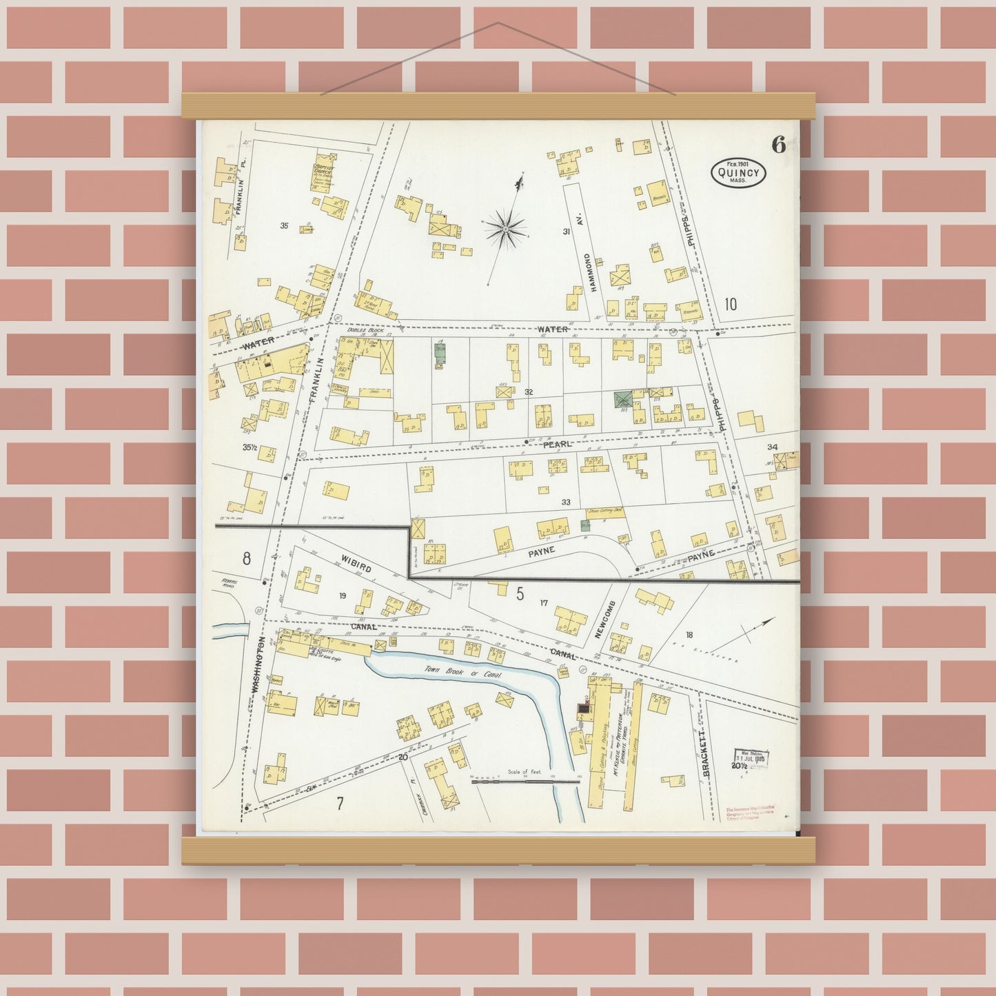 Old map wall art mockup — magnetic wood frame on brick wall — Sanborn Fire Insurance Map from Quincy, Norfolk County, Massachusetts (1901), Sheet #0006