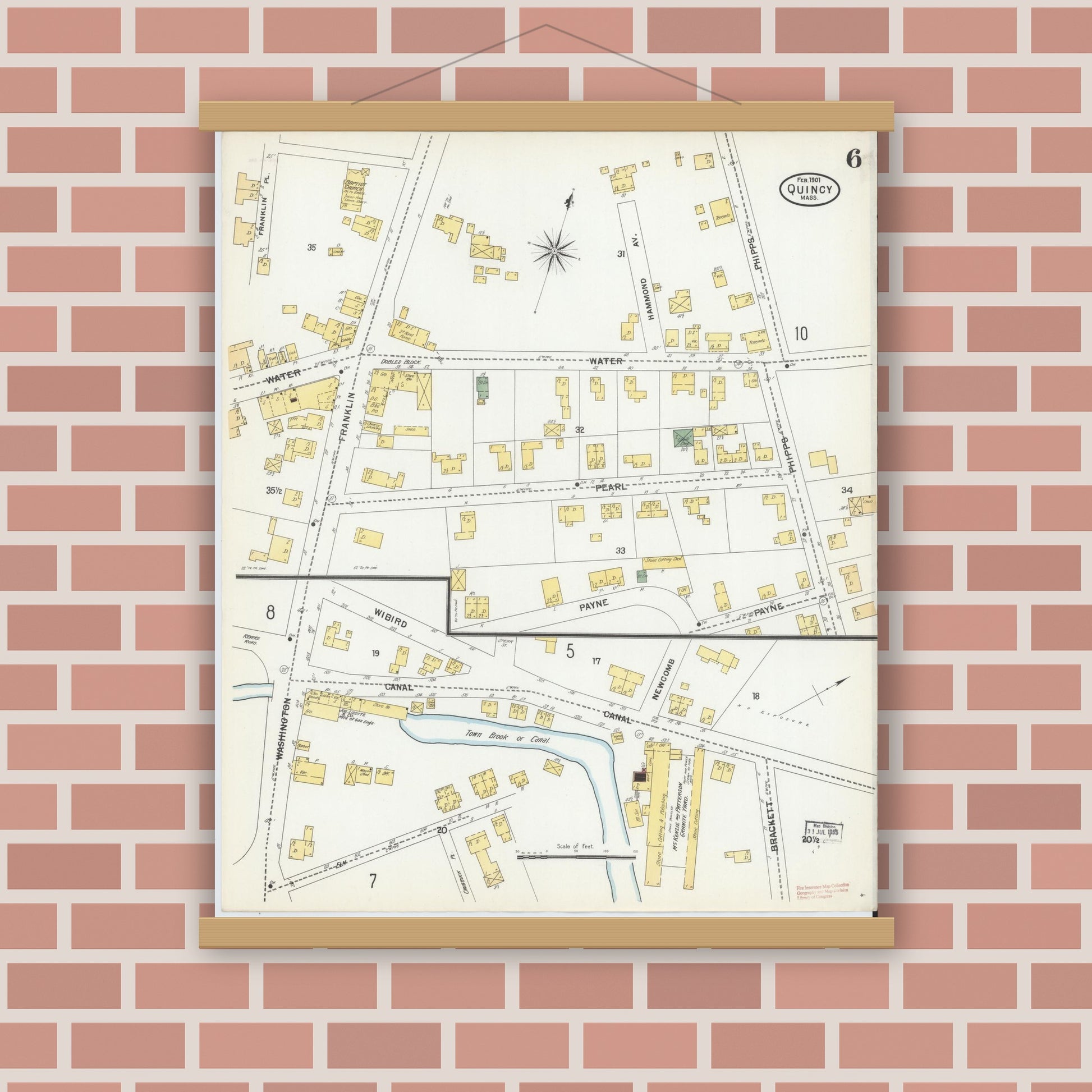 Old map wall art mockup — magnetic wood frame on brick wall — Sanborn Fire Insurance Map from Quincy, Norfolk County, Massachusetts (1901), Sheet #0006