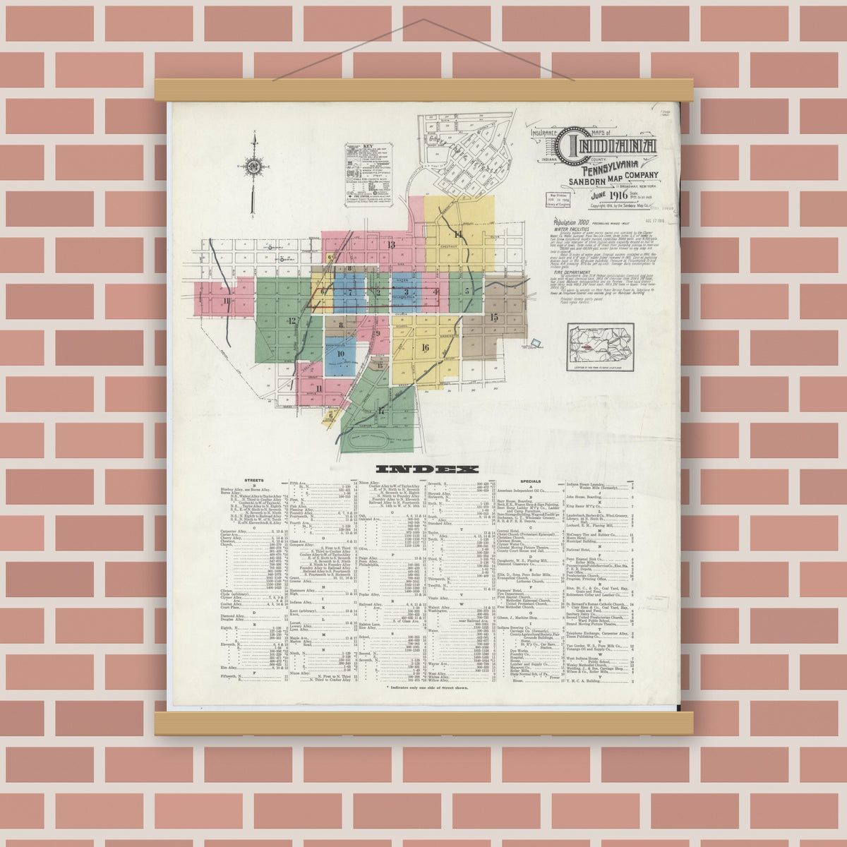 Old map wall art mockup — magnetic wood frame on brick wall — Sanborn Fire Insurance Map from Indiana, Indiana County, Pennsylvania (1916) - Complete Map Set