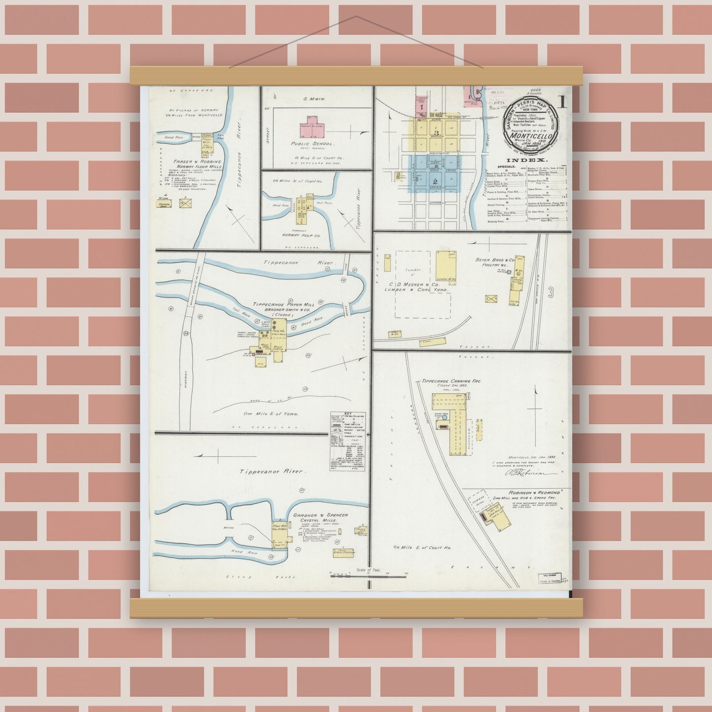 Old map wall art mockup — magnetic wood frame on brick wall — Sanborn Fire Insurance Map from Monticello, White County, Indiana (1893) - Complete Map Set