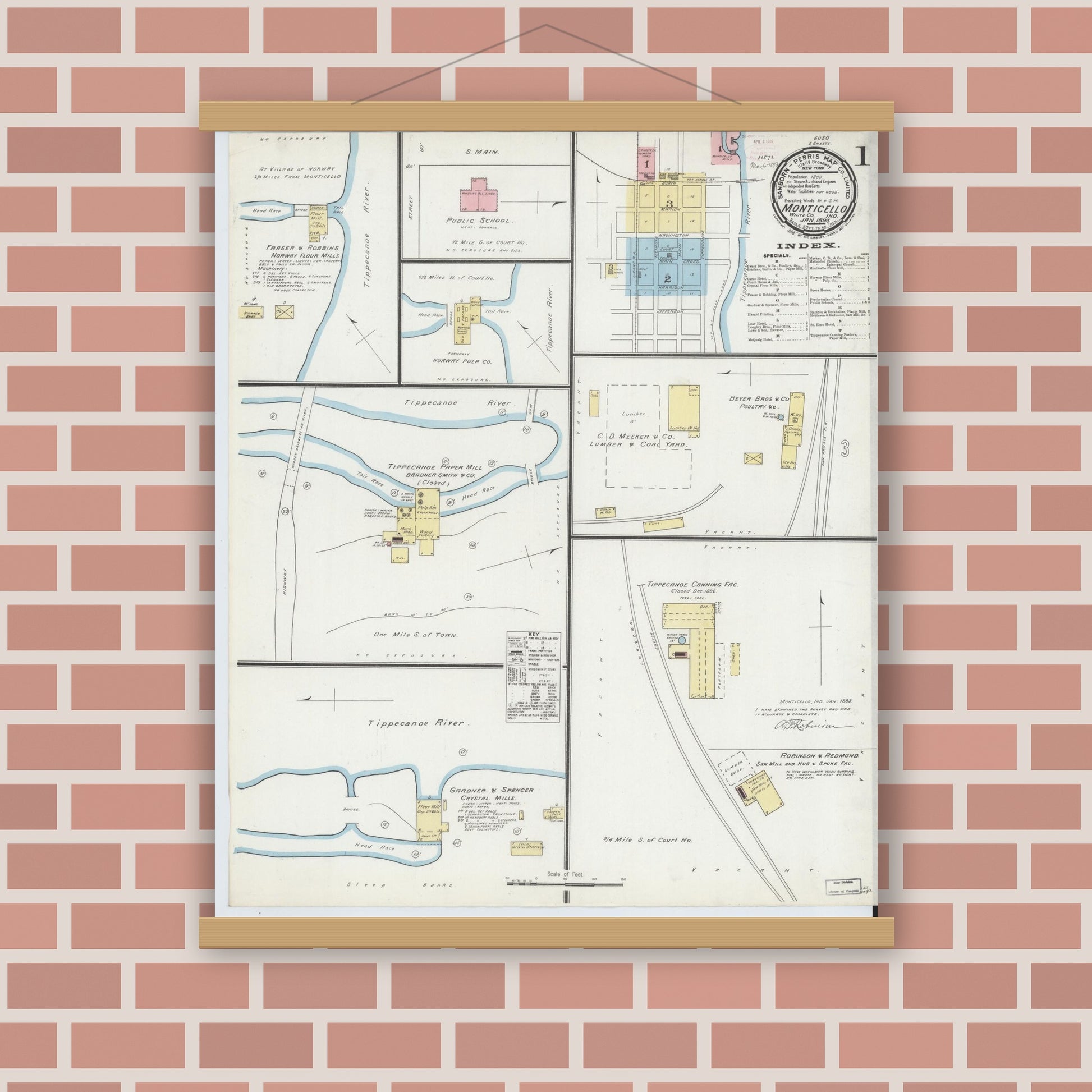 Old map wall art mockup — magnetic wood frame on brick wall — Sanborn Fire Insurance Map from Monticello, White County, Indiana (1893) - Complete Map Set
