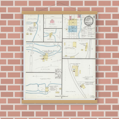 Old map wall art mockup — magnetic wood frame on brick wall — Sanborn Fire Insurance Map from Monticello, White County, Indiana (1893) - Complete Map Set