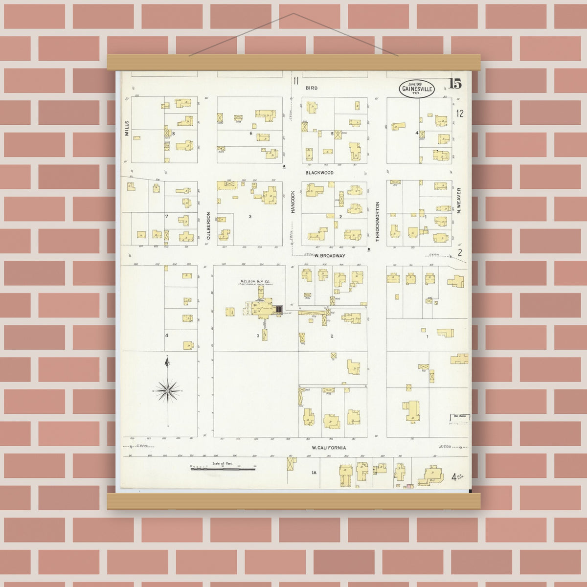 Old map wall art mockup — magnetic wood frame on brick wall — Sanborn Fire Insurance Map from Gainesville, Cooke County, Texas (1908), Sheet #0015