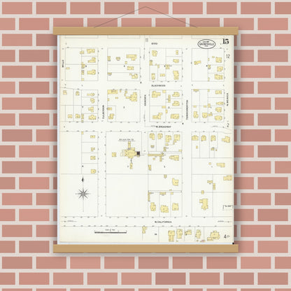 Old map wall art mockup — magnetic wood frame on brick wall — Sanborn Fire Insurance Map from Gainesville, Cooke County, Texas (1908), Sheet #0015