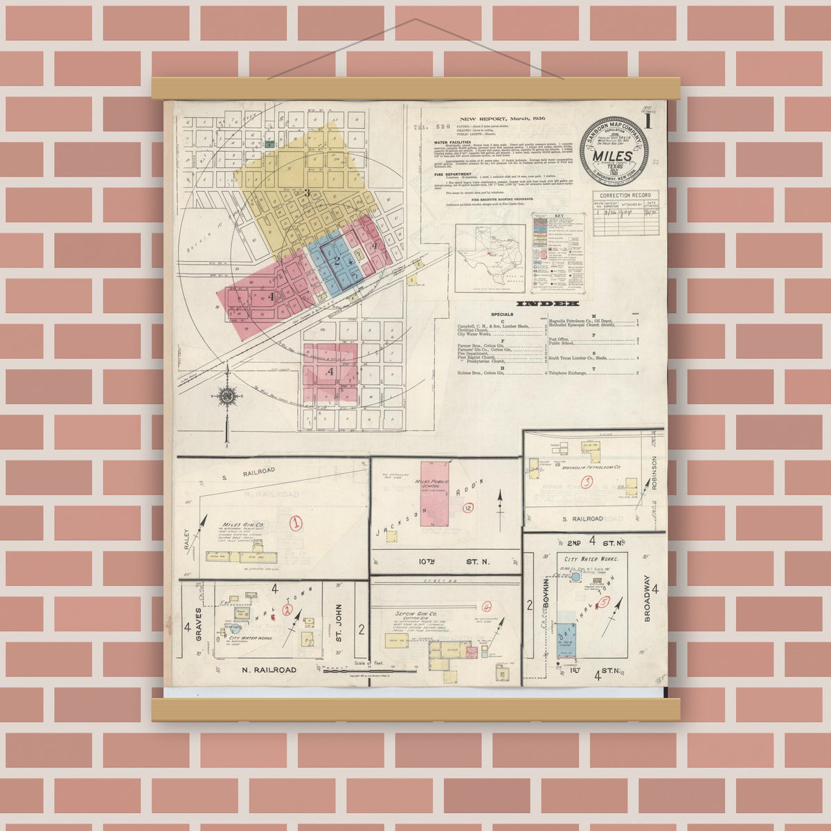 Old map wall art mockup — magnetic wood frame on brick wall — Sanborn Fire Insurance Map from Miles, Runnels County, Texas (1936) - Complete Map Set