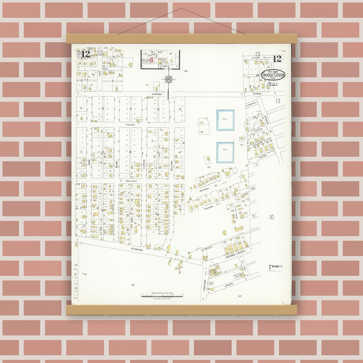 Old map wall art mockup — magnetic wood frame on brick wall — Sanborn Fire Insurance Map from Goose Creek, Harris County, Texas (1926), Sheet #0012