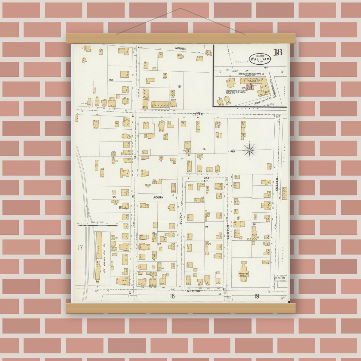 Old map wall art mockup — magnetic wood frame on brick wall — Sanborn Fire Insurance Map from Waltham, Middlesex County, Massachusetts (1897), Sheet #0018