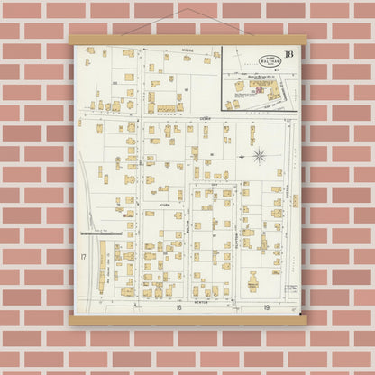 Old map wall art mockup — magnetic wood frame on brick wall — Sanborn Fire Insurance Map from Waltham, Middlesex County, Massachusetts (1897), Sheet #0018