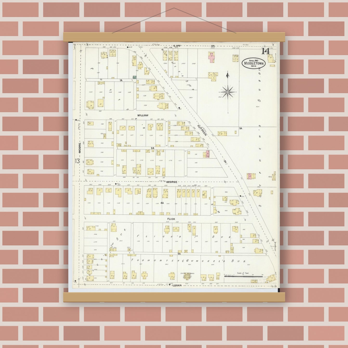 Old map wall art mockup — magnetic wood frame on brick wall — Sanborn Fire Insurance Map from Middletown, Butler County, Ohio (1907), Sheet #0014