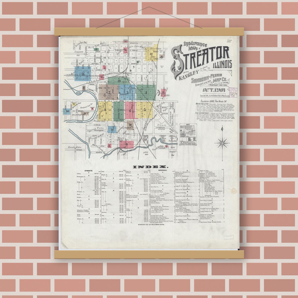 Old map wall art mockup — magnetic wood frame on brick wall — Sanborn Fire Insurance Map from Streator, La Salle County, Illinois (1901) - Complete Map Set