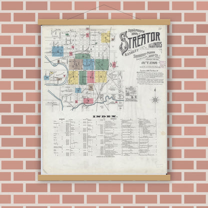 Old map wall art mockup — magnetic wood frame on brick wall — Sanborn Fire Insurance Map from Streator, La Salle County, Illinois (1901) - Complete Map Set