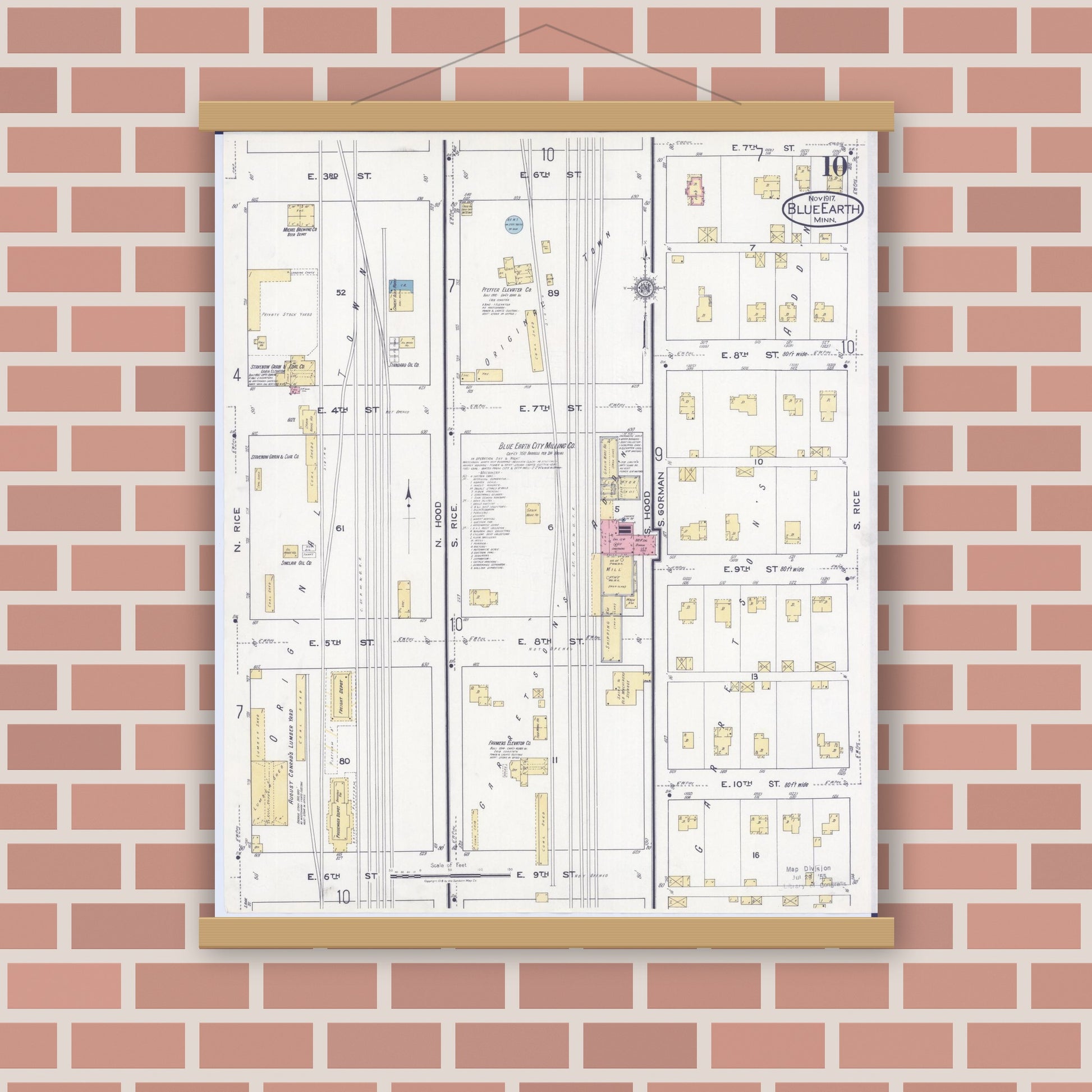 Old map wall art mockup — magnetic wood frame on brick wall — Sanborn Fire Insurance Map from Blue Earth, Faribault County, Minnesota (1917), Sheet #0010
