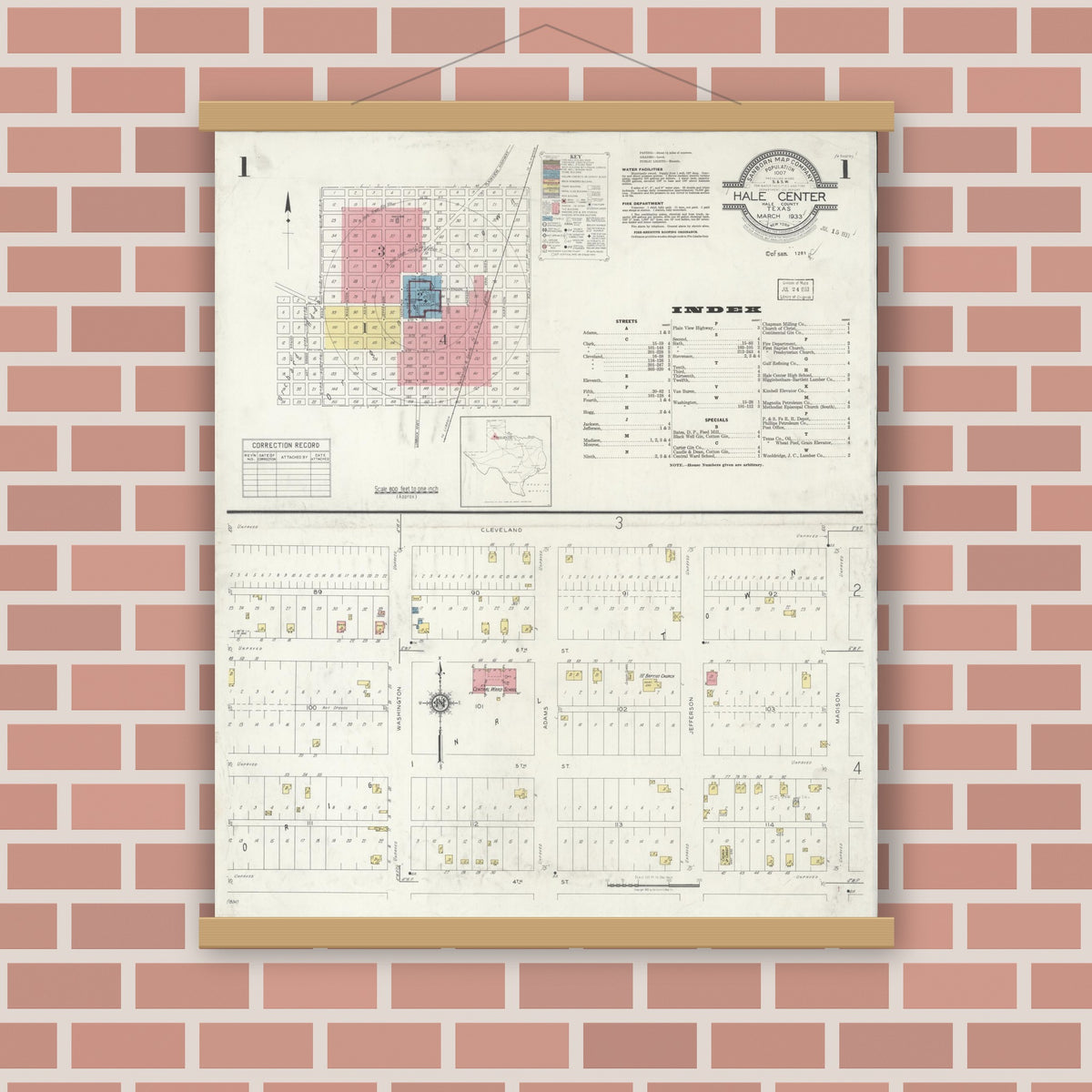 Old map wall art mockup — magnetic wood frame on brick wall — Sanborn Fire Insurance Map from Hale Center, Hale County, Texas (1933) - Complete Map Set