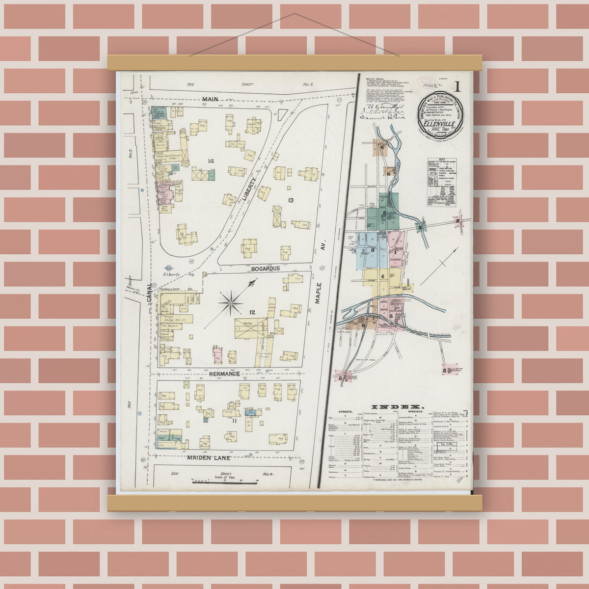Old map wall art mockup — magnetic wood frame on brick wall — Sanborn Fire Insurance Map from Ellenville, Ulster County, New York (1889), Sheet #0001