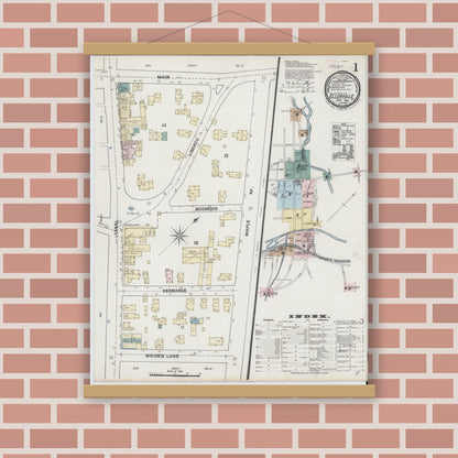 Old map wall art mockup — magnetic wood frame on brick wall — Sanborn Fire Insurance Map from Ellenville, Ulster County, New York (1889), Sheet #0001