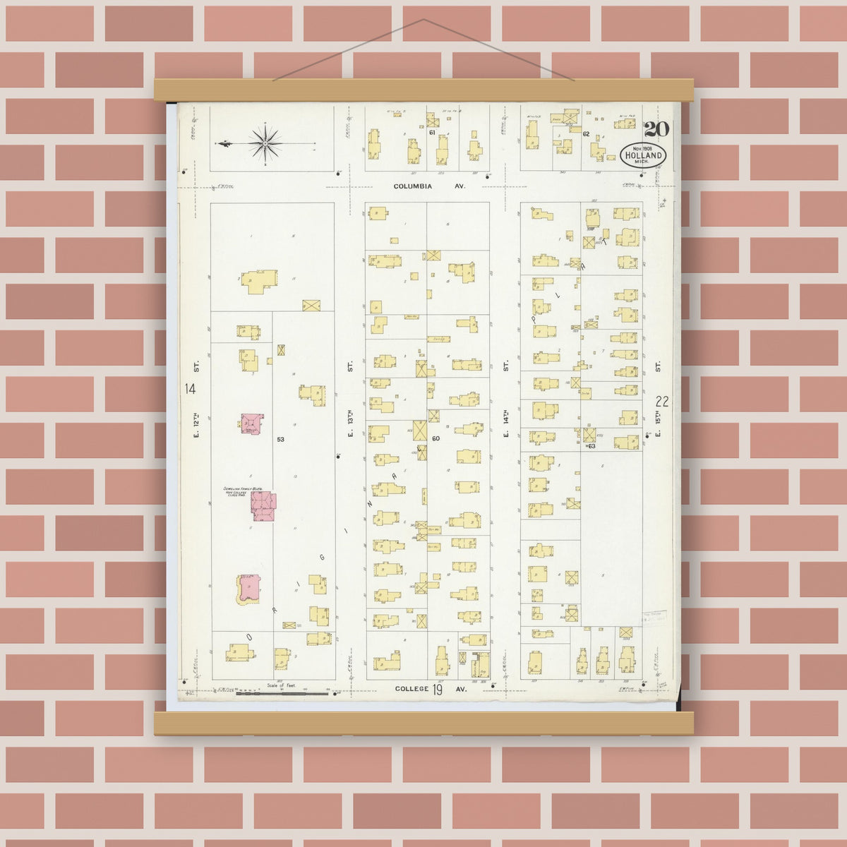 Old map wall art mockup — magnetic wood frame on brick wall — Sanborn Fire Insurance Map from Holland, Ottawa County, Michigan (1908), Sheet #0020