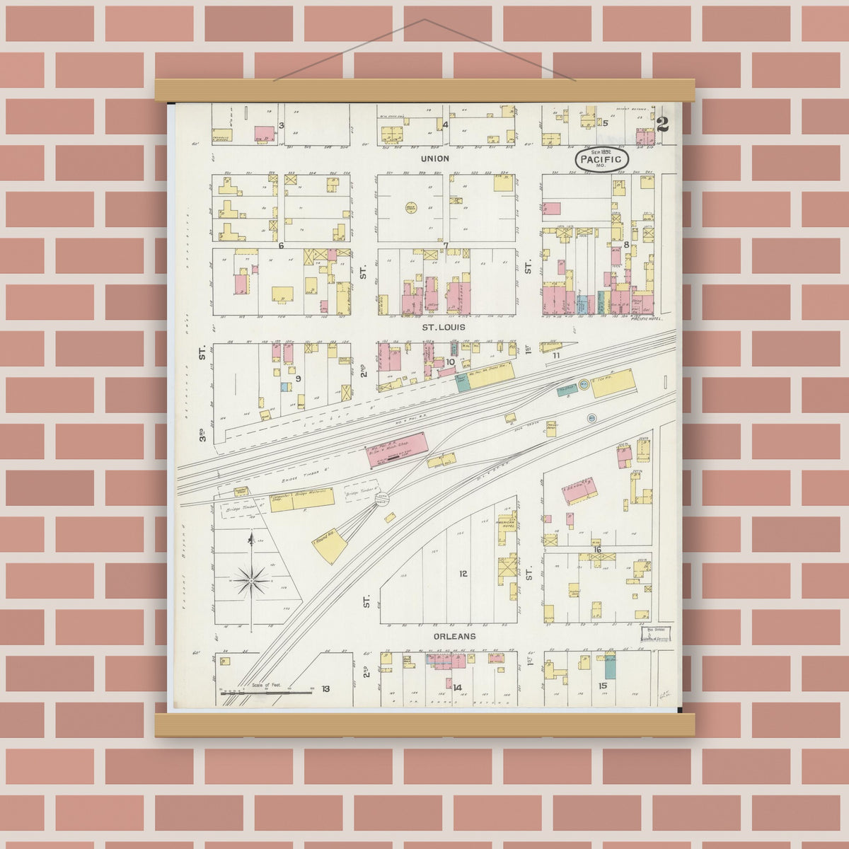 Old map wall art mockup — magnetic wood frame on brick wall — Sanborn Fire Insurance Map from Pacific, Franklin County, Missouri (1892), Sheet #0002