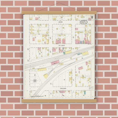 Old map wall art mockup — magnetic wood frame on brick wall — Sanborn Fire Insurance Map from Pacific, Franklin County, Missouri (1892), Sheet #0002
