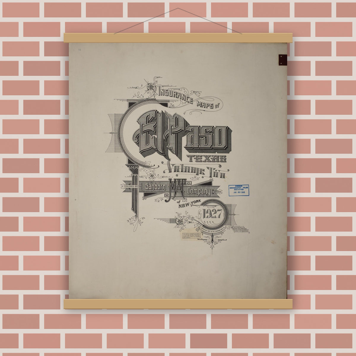 Old map wall art mockup — magnetic wood frame on brick wall — Sanborn Fire Insurance Map from El Paso, El Paso County, Texas (1950), Sheet #0001