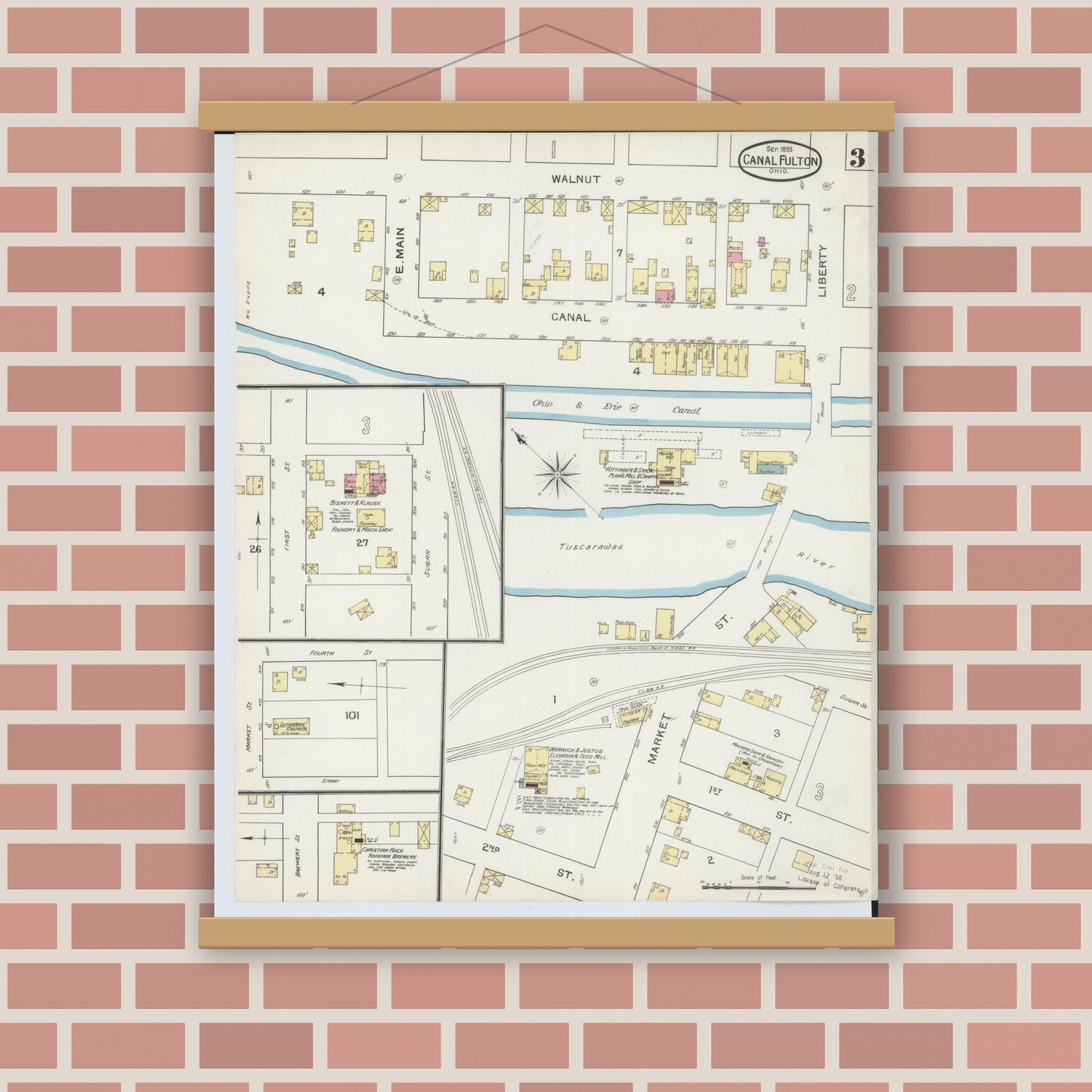 Old map wall art mockup — magnetic wood frame on brick wall — Sanborn Fire Insurance Map from Canal Fulton, Stark County, Ohio (1893), Sheet #0003