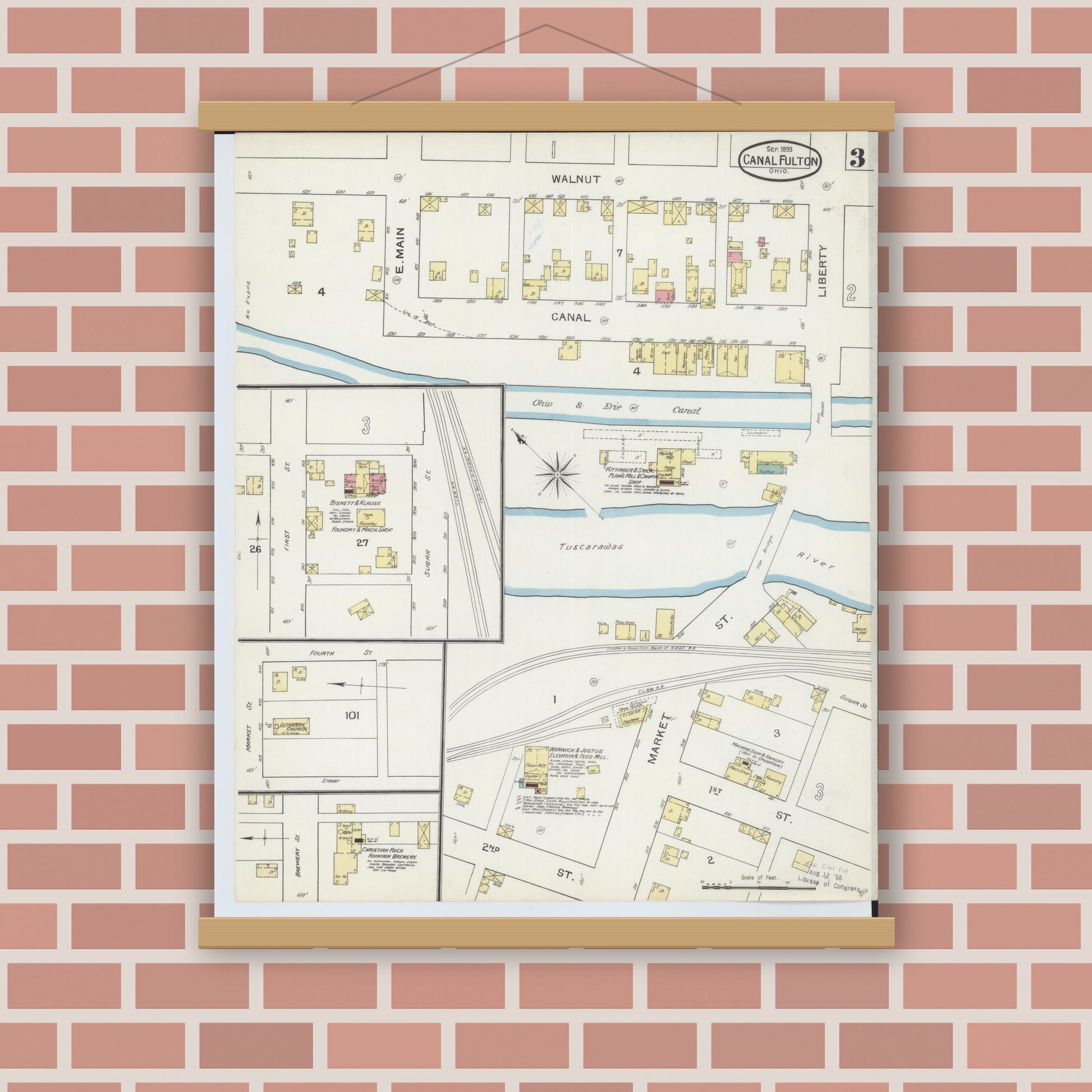 Old map wall art mockup — magnetic wood frame on brick wall — Sanborn Fire Insurance Map from Canal Fulton, Stark County, Ohio (1893), Sheet #0003