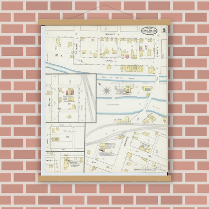Old map wall art mockup — magnetic wood frame on brick wall — Sanborn Fire Insurance Map from Canal Fulton, Stark County, Ohio (1893), Sheet #0003