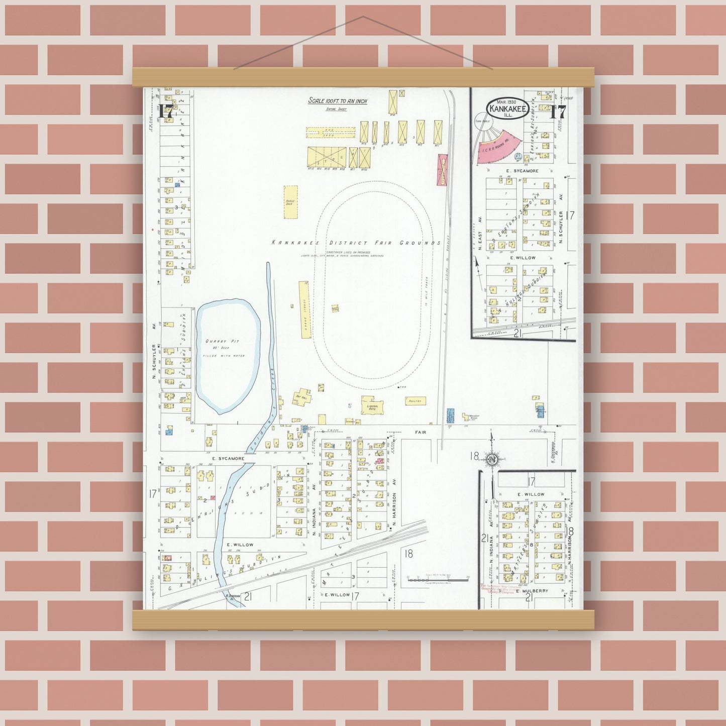 Old map wall art mockup — magnetic wood frame on brick wall — Sanborn Fire Insurance Map from Kankakee, Kankakee County, Illinois (1930), Sheet #0017