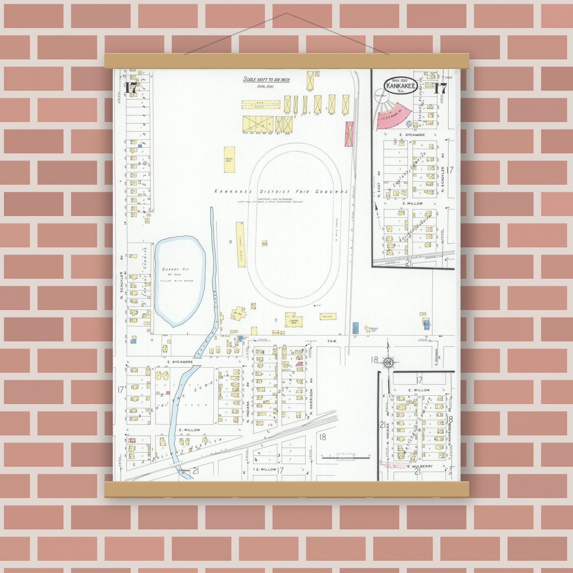 Old map wall art mockup — magnetic wood frame on brick wall — Sanborn Fire Insurance Map from Kankakee, Kankakee County, Illinois (1930), Sheet #0017