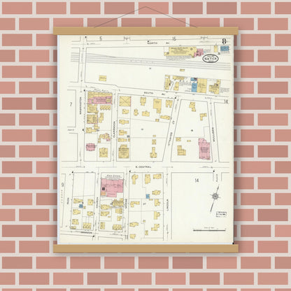 Old map wall art mockup — magnetic wood frame on brick wall — Sanborn Fire Insurance Map from Natick, Middlesex County, Massachusetts (1915), Sheet #0008