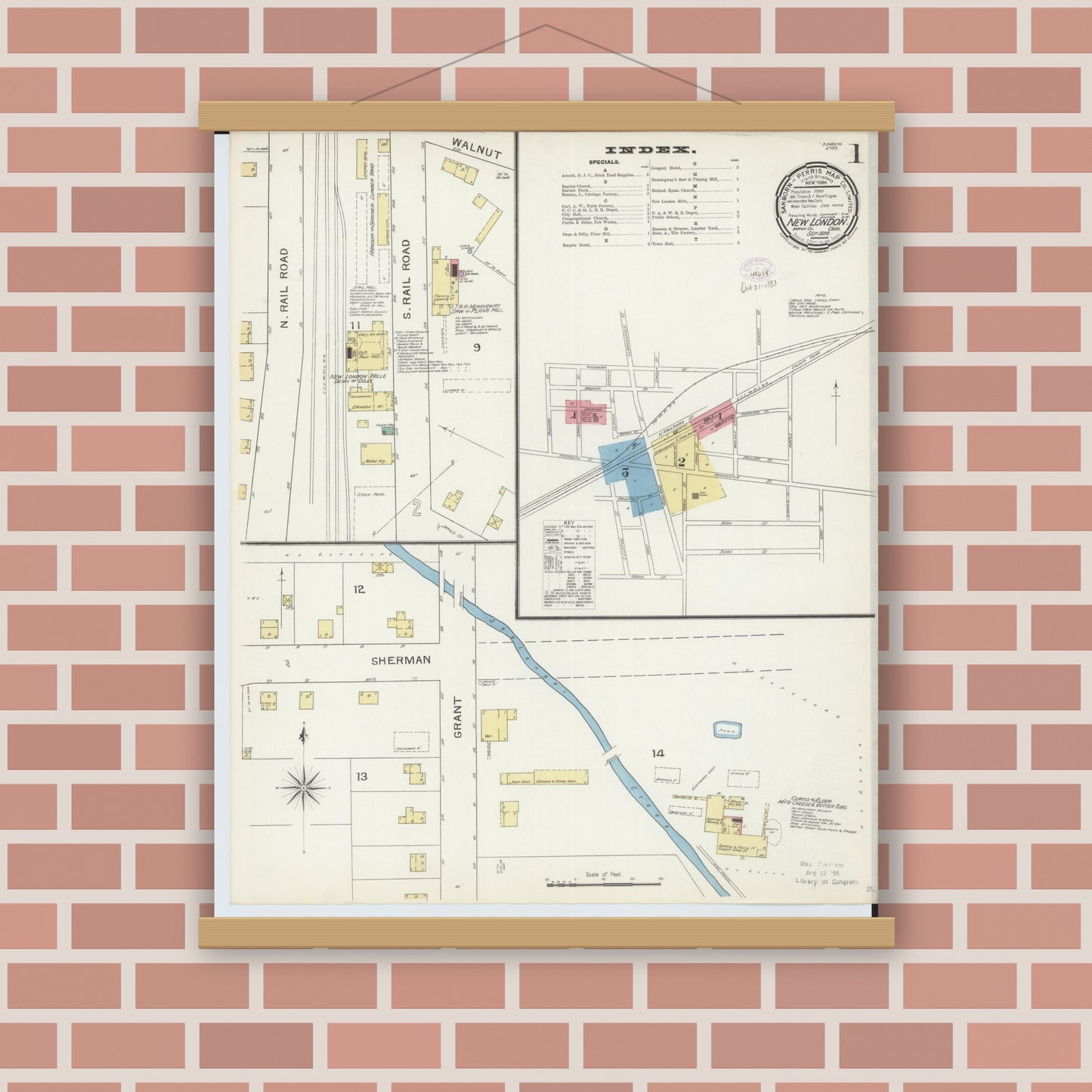 Old map wall art mockup — magnetic wood frame on brick wall — Sanborn Fire Insurance Map from New London, Huron County, Ohio (1893), Sheet #0001