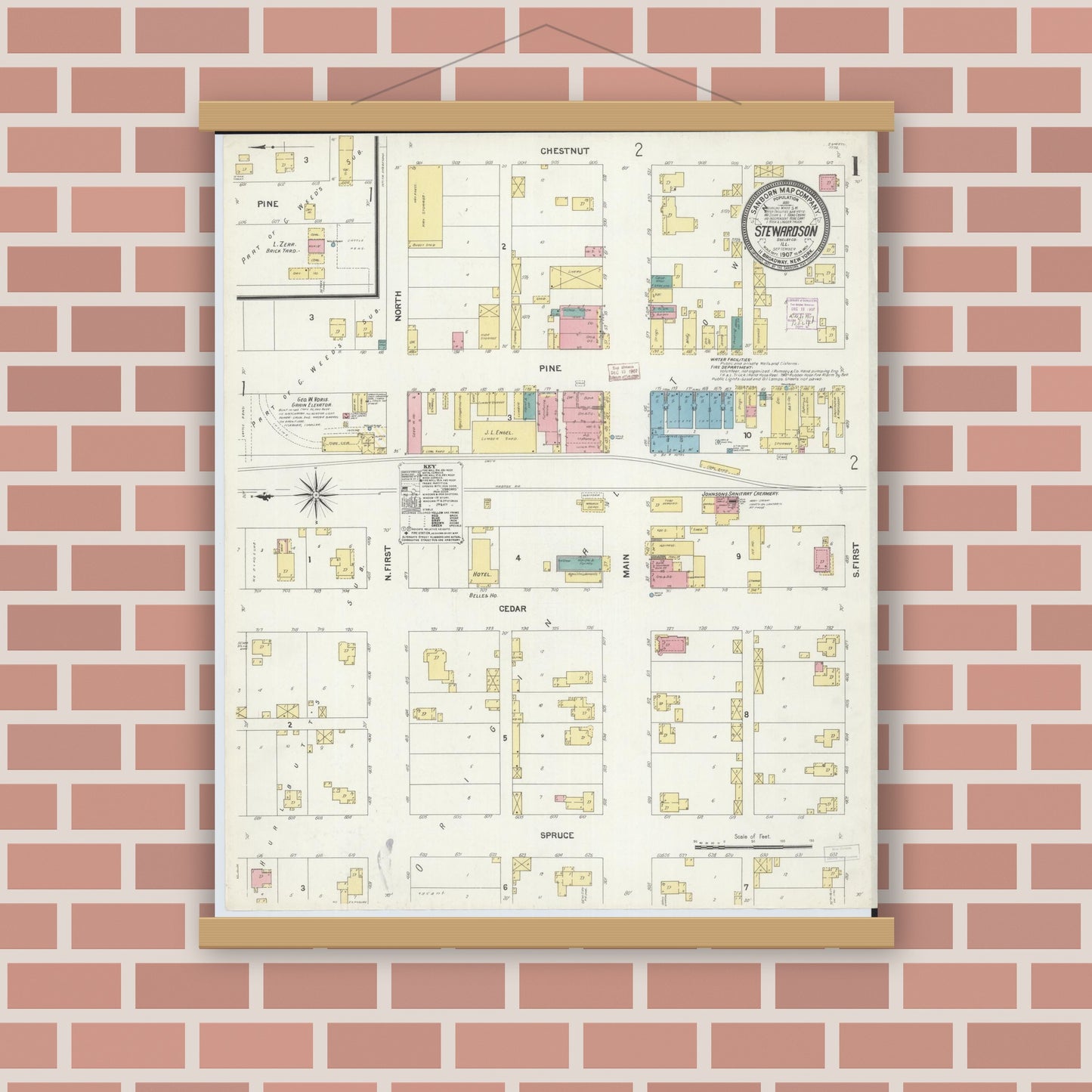 Old map wall art mockup — magnetic wood frame on brick wall — Sanborn Fire Insurance Map from Stewardson, Shelby County, Illinois (1907), Sheet #0001
