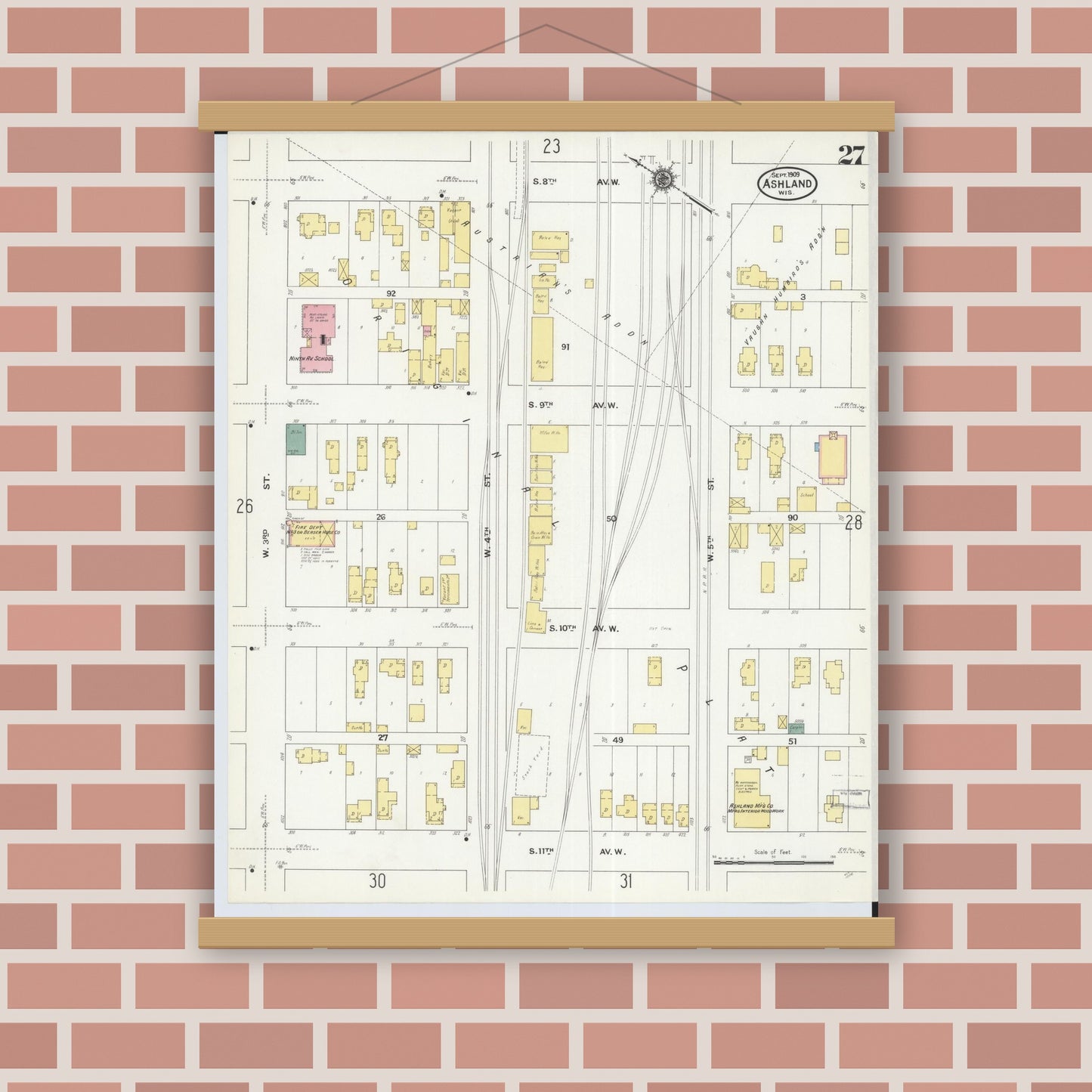 Old map wall art mockup — magnetic wood frame on brick wall — Sanborn Fire Insurance Map from Ashland, Ashland County, Wisconsin (1909), Sheet #0027