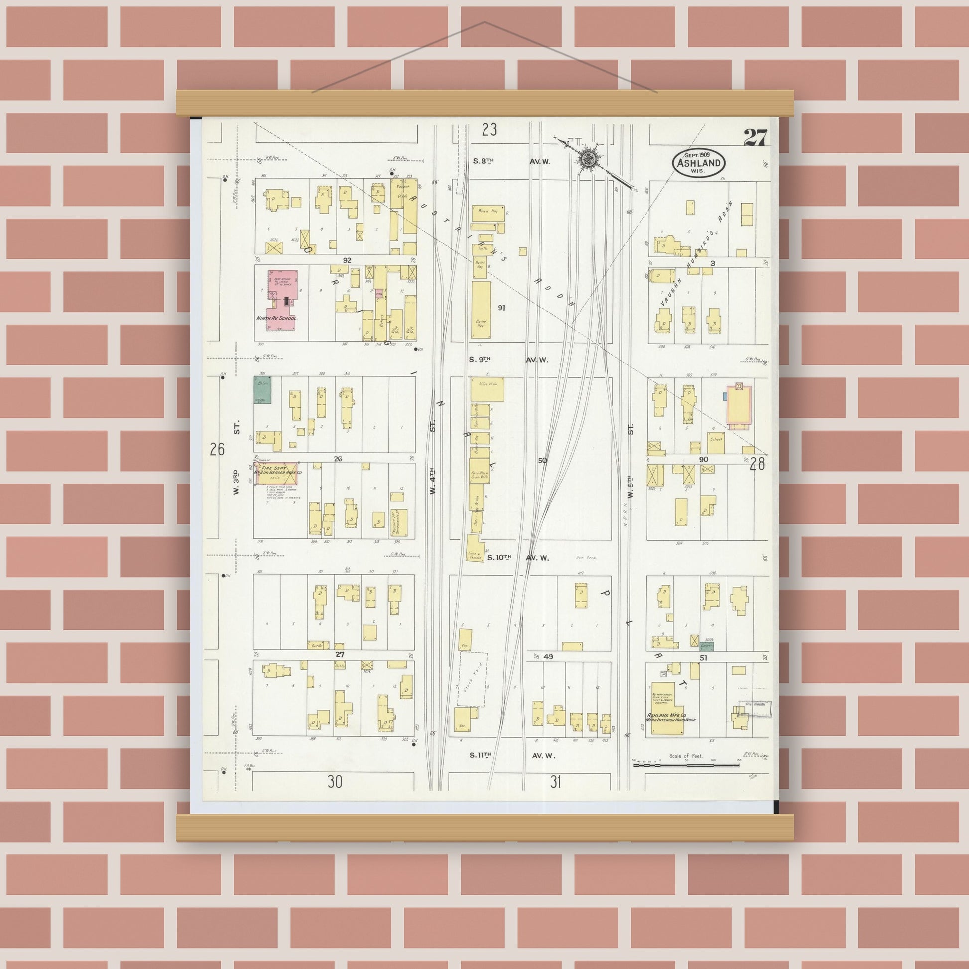 Old map wall art mockup — magnetic wood frame on brick wall — Sanborn Fire Insurance Map from Ashland, Ashland County, Wisconsin (1909), Sheet #0027