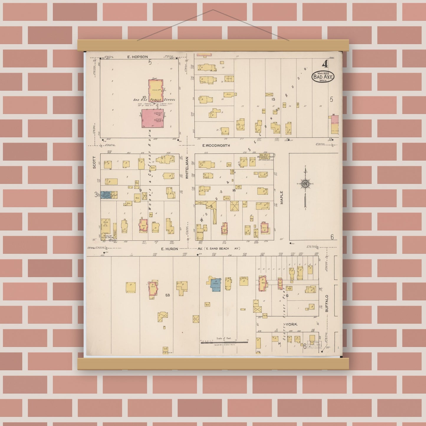 Old map wall art mockup — magnetic wood frame on brick wall — Sanborn Fire Insurance Map from Bad Axe, Huron County, Michigan (1922), Sheet #0004
