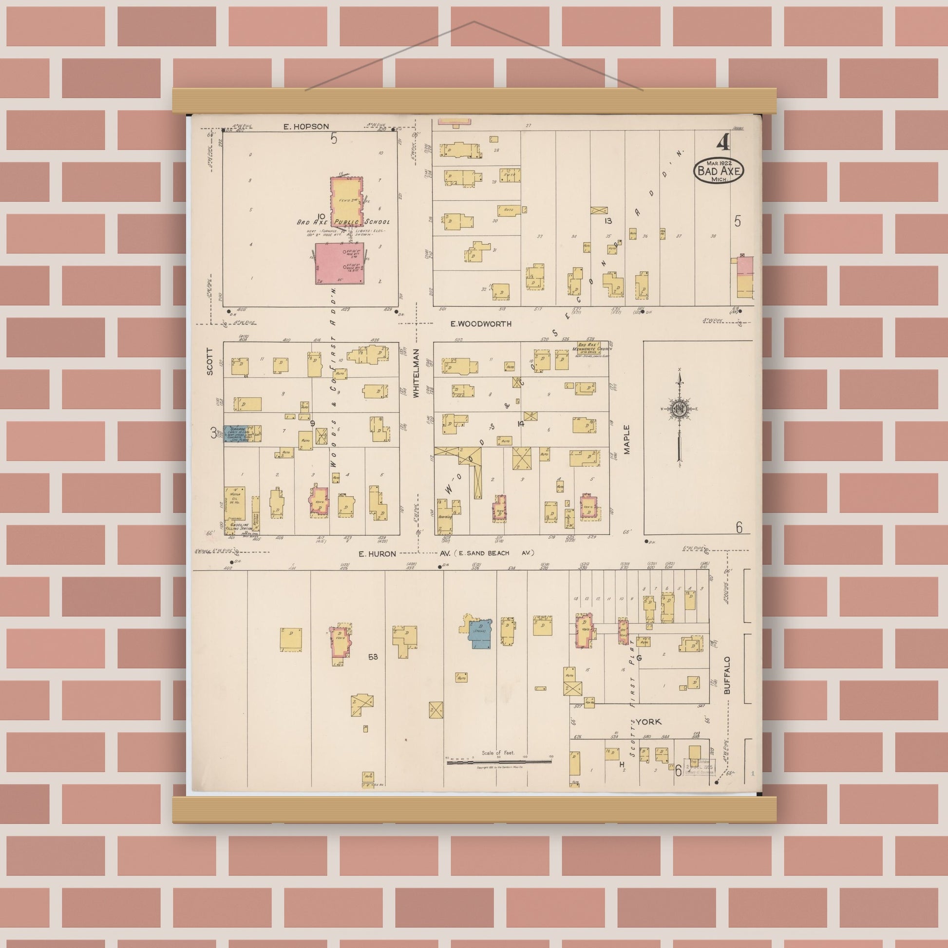 Old map wall art mockup — magnetic wood frame on brick wall — Sanborn Fire Insurance Map from Bad Axe, Huron County, Michigan (1922), Sheet #0004
