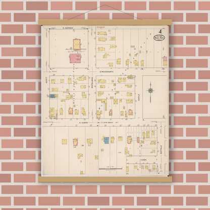 Old map wall art mockup — magnetic wood frame on brick wall — Sanborn Fire Insurance Map from Bad Axe, Huron County, Michigan (1922), Sheet #0004