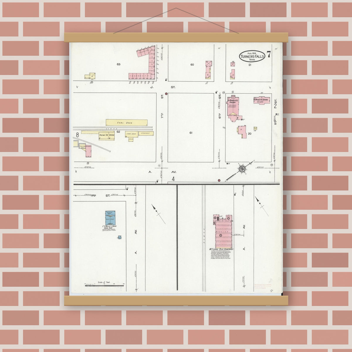 Old map wall art mockup — magnetic wood frame on brick wall — Sanborn Fire Insurance Map from Turners Falls, Franklin County, Massachusetts (1914), Sheet #0007