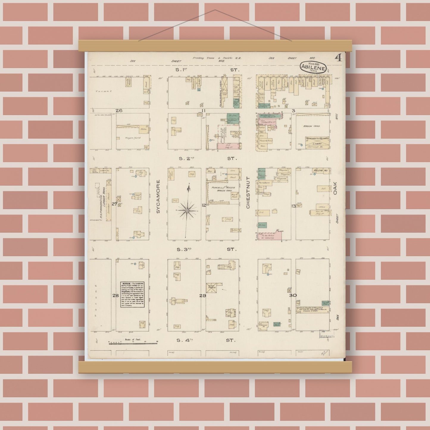 Old map wall art mockup — magnetic wood frame on brick wall — Sanborn Fire Insurance Map from Abilene, Taylor County, Texas (1885), Sheet #0004