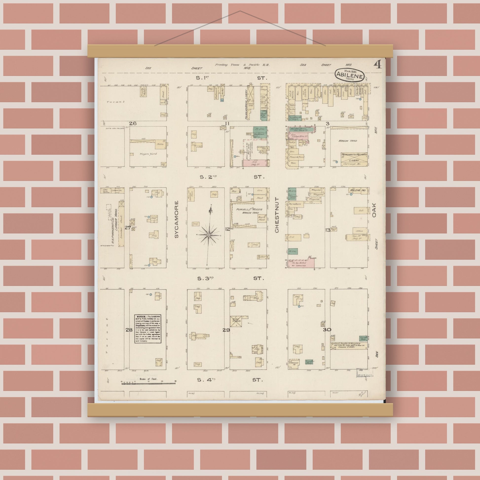 Old map wall art mockup — magnetic wood frame on brick wall — Sanborn Fire Insurance Map from Abilene, Taylor County, Texas (1885), Sheet #0004