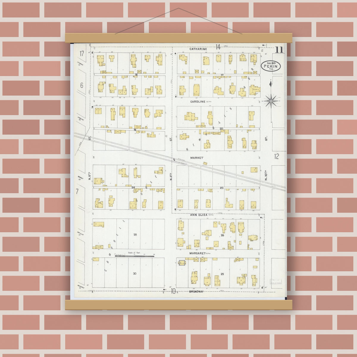 Old map wall art mockup — magnetic wood frame on brick wall — Sanborn Fire Insurance Map from Pekin, Tazewell County, Illinois (1903), Sheet #0011