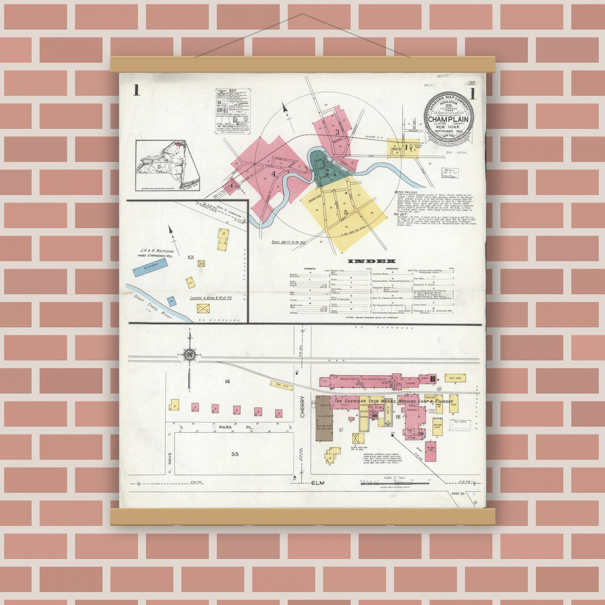 Old map wall art mockup — magnetic wood frame on brick wall — Sanborn Fire Insurance Map from Champlain, Clinton County, New York (1923) - Complete Map Set