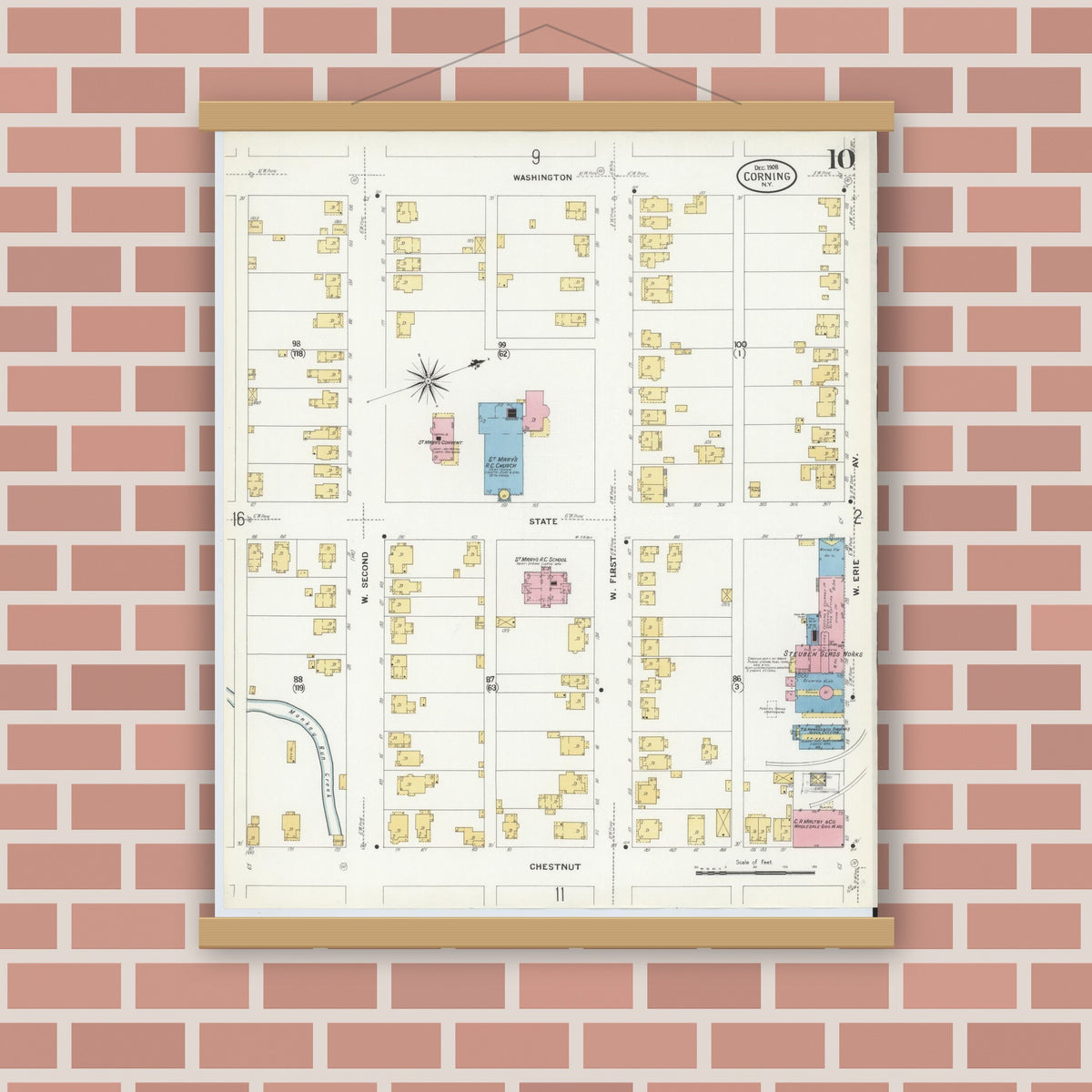 Old map wall art mockup — magnetic wood frame on brick wall — Sanborn Fire Insurance Map from Corning, Steuben County, New York (1908), Sheet #0010