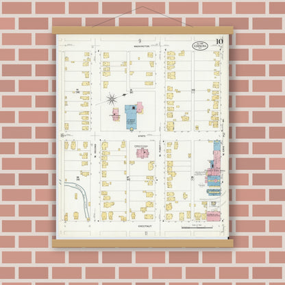 Old map wall art mockup — magnetic wood frame on brick wall — Sanborn Fire Insurance Map from Corning, Steuben County, New York (1908), Sheet #0010