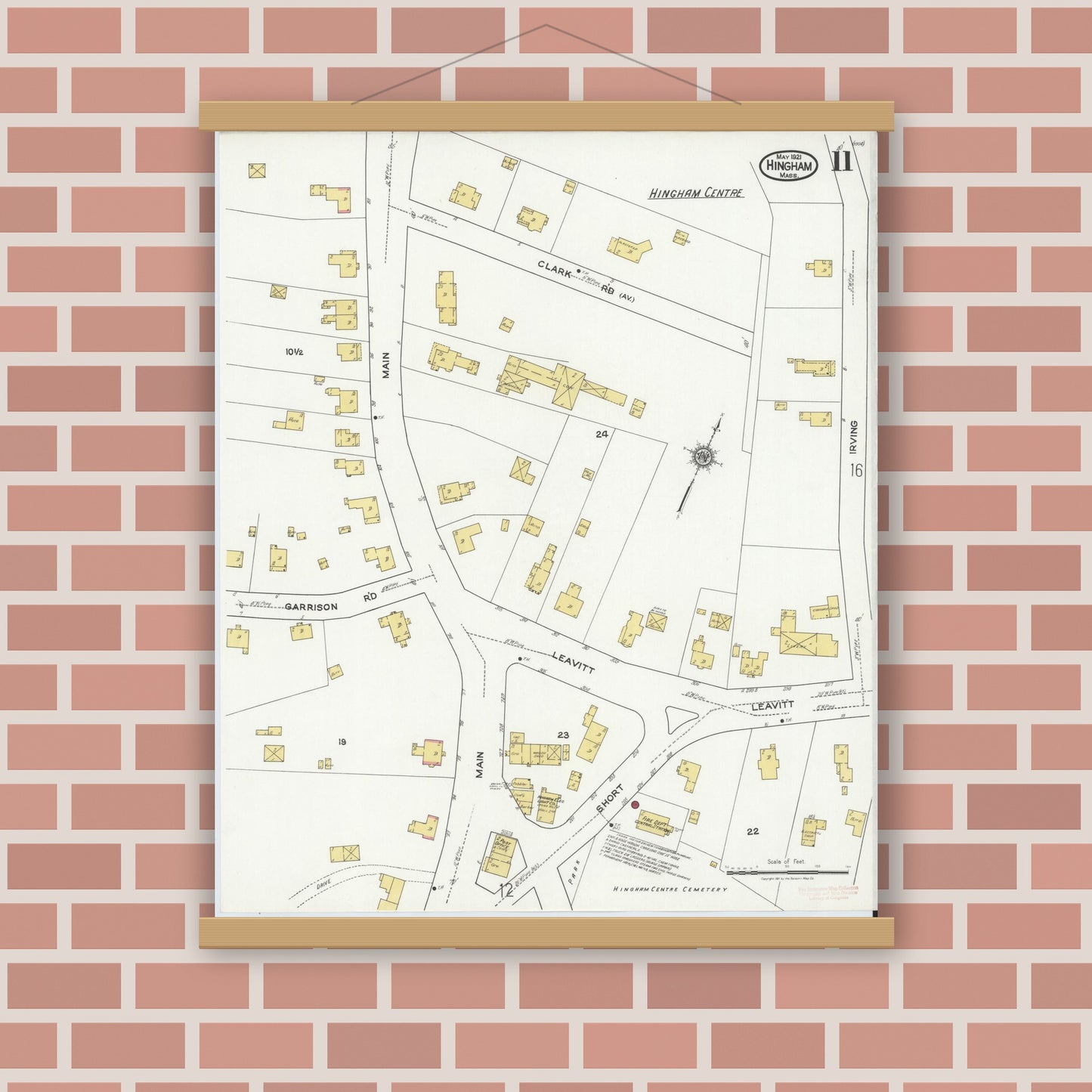 Old map wall art mockup — magnetic wood frame on brick wall — Sanborn Fire Insurance Map from Hingham, Plymouth County, Massachusetts (1921), Sheet #0011