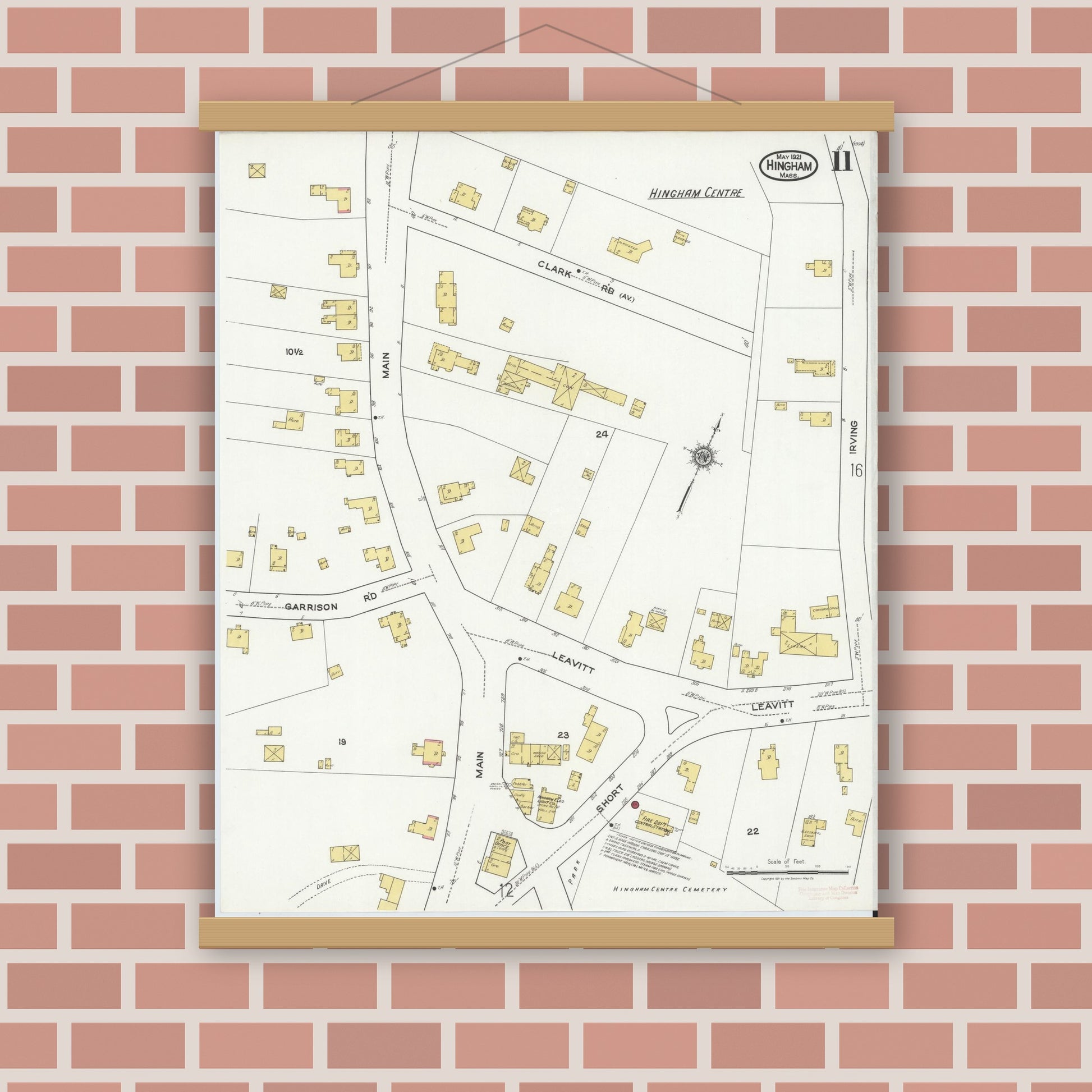 Old map wall art mockup — magnetic wood frame on brick wall — Sanborn Fire Insurance Map from Hingham, Plymouth County, Massachusetts (1921), Sheet #0011